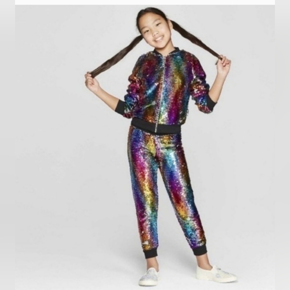 Rare Jojo Siwa Flip Sequin Bomber Jacket Rainbow Matching Set XL 14/16